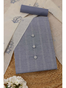 Soch - Powder Blue Cotton Striped Kantha Embroidered Unstitched Top and Bottom with Dupatta