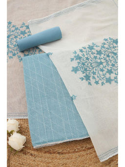Soch - Powder Blue Cotton Kantha Embroidered Unstitched Top and Bottom with Dupatta