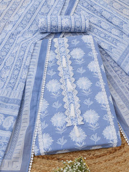 Soch - Powder Blue Cotton Floral Unstitched Top and Bottom with Dupatta