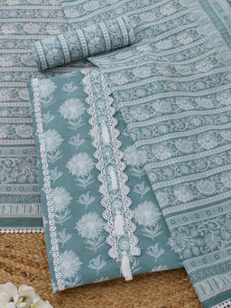 Soch - Sap Green Cotton Floral Unstitched Top and Bottom with Dupatta