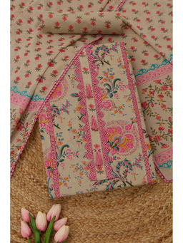 Soch - Beige Cotton Floral Unstitched Top and Bottom with Dupatta