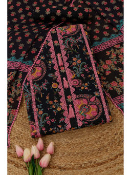 Soch - Black Cotton Floral Unstitched Top and Bottom with Dupatta