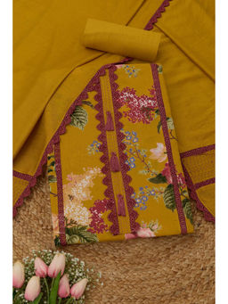 Soch - Mustard Cotton Floral Kantha Embroidered Unstitched Top and Bottom with Dupatta