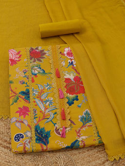 Soch - Mustard Cotton Botanical Unstitched Top and Bottom with Dupatta
