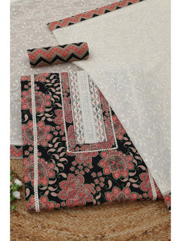 Soch - Black Cotton Floral Unstitched Top and Bottom with Dupatta