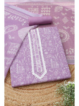 Soch - Lavender Linen Warli Unstitched Top and Bottom with Dupatta
