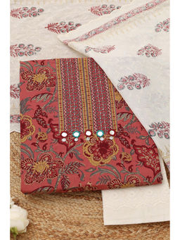 Soch - Wine Cotton Botanical Unstitched Top and Bottom with Dupatta