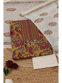 Soch - Mustard Cotton Botanical Unstitched Top and Bottom with Dupatta