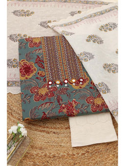 Soch - Turquoise Blue Cotton Botanical Unstitched Top and Bottom with Dupatta