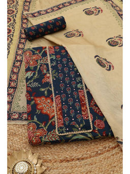 Soch - Navy Blue Cotton Botanical Unstitched Top and Bottom with Dupatta