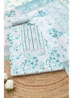 Soch - White Cotton Floral Unstitched Top and Bottom with Dupatta