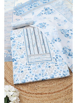 Soch - White Cotton Floral Unstitched Top and Bottom with Dupatta