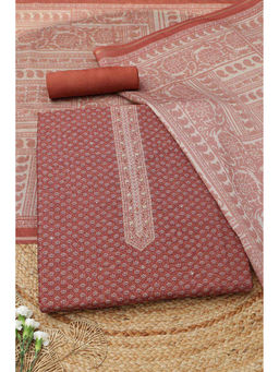 Soch - Rust Art Silk Floral Unstitched Top and Bottom with Dupatta