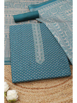 Soch - Turquoise Blue Art Silk Floral Unstitched Top and Bottom with Dupatta