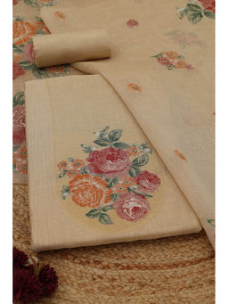 Soch - Beige Chanderi Floral Unstitched Top and Bottom with Dupatta