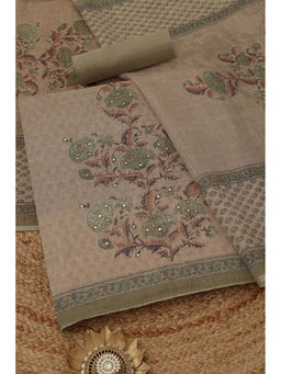 Soch - Olive Linen Floral Unstitched Top and Bottom with Dupatta