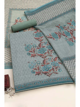 Soch - Teal Linen Floral Unstitched Top and Bottom with Dupatta