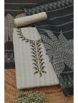 Soch - Beige Linen Floral Unstitched Top and Bottom with Dupatta