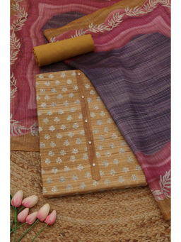 Soch - Mustard Tussar Floral Unstitched Top and Bottom with Dupatta