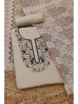 Soch - Beige Mul Chanderi Floral Unstitched Top and Bottom with Dupatta