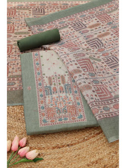 Soch - Olive Linen Botanical Unstitched Top and Bottom with Dupatta