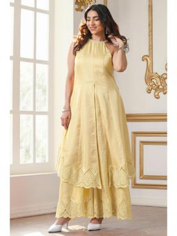 Swtantra - Sunshine Yellow Cotton Schiffli Halter Neck Sleeveless Co-Ord Set