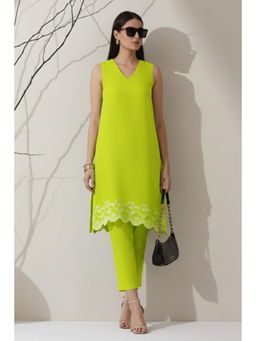 Swtantra - Sinful Green Cotton Border Schffli Sleeveless Co-Ord Set