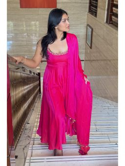 Swtantra - Fuchsia Dual Shade Satin Anarkali Kurta with Pant and Dupatta