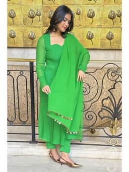 Swtantra - Chartreuse Georgette Anarkali Long Sleeve Kurta with Pant and Dupatta