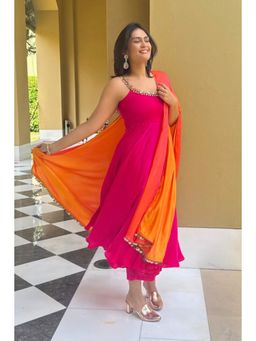 Swtantra - Fuchsia Dual Satin Sleeveless Anarkali Kurta with Pant and Dupatta