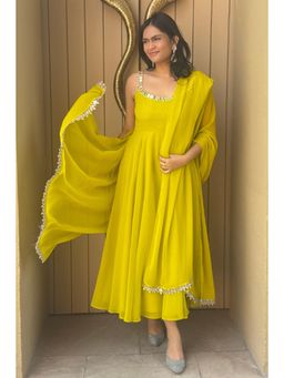 Swtantra - Lime Green Mirror Edge Georgette Sleeveless Anarkali Kurta and Pant with Dupatta