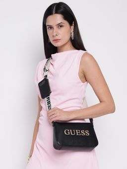 Guess - Black Solid Caracara Sling Bag with Detachable Strap & Pouch