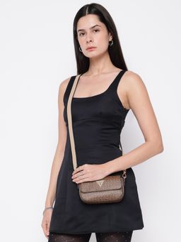 Guess - Brown Printed Sandria Boxed Mini Crossbody Sling Bag with Detachable Strap