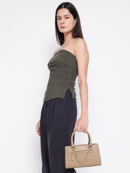 Guess - Brown Printed Saffron Satchel Bag with Detachable Strap