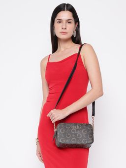 Guess - Black Printed Saffron Crossbody Sling Bag with Detachable Strap