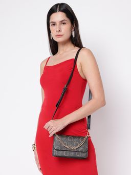 Guess - Black Printed Saffron Crossbody Sling Bag with Detachable Strap