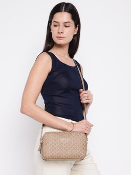 Guess - Brown Printed Saffron Crossbody Sling Bag with Detachable Strap