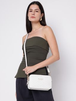 Guess - White Printed Saffron Crossbody Sling Bag with Detachable Strap