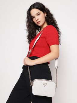 Guess - Off White Printed Noelle Camera Sling Bag with Detachable Strap