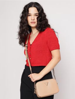 Guess - Beige Solid Noelle Camera Sling Bag with Detachable Strap