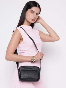 Guess - Black Solid Zinnia Sling Bag with Detachable Strap