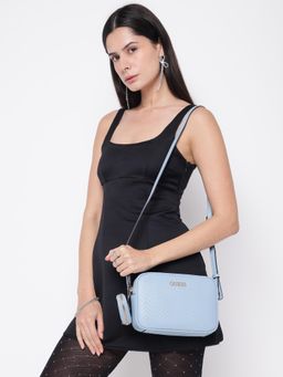 Guess - Blue Textured Pristina Camera Sling Bag with Detachable Strap & Pouch
