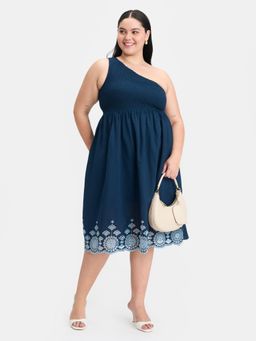 Virgio - Blue Women Embroidered One-Shoulder Dress
