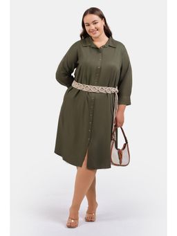 Virgio - Olive Women 100% Tencel Midi Shirt Dress with Belt