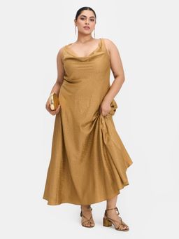 Virgio - Gold Women Jacquard Satin Cowl Neck Dress