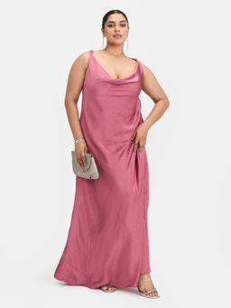 Virgio - Pink Women Hammered Satin Cowl Neck Dress