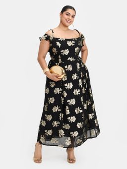 Virgio - Black Women Shimmer Cold-Shoulder Midi Dress