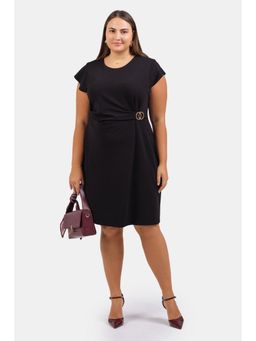 Virgio - Black Women Crepe Plus Size Dress with Gathered Buckle Detail