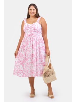 Virgio - Pink Women Linen Floral Ruffle Midi Dress