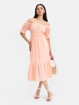 Virgio - Peach Women Schiffli Off-Shoulder Dress